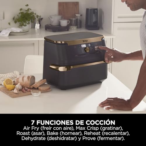 Ninja Foodi FlexDrawer Freidora de Aire Dual Zone, 10.4L, Air Fryer, 7 en 1, Freidora sin Aceite con 2 Cestas y Divisor Extraíble, Asa, Hornea, Frie, Pinzas Incluídas, Negro y Cobre, AF500EUCP