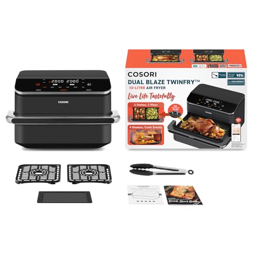 COSORI Freidora de Aire Dual Blaze TwinFry 10L, Air Fryer con 4 Resistencias de Doble Cesta a Una, 35-240ºC, Asar, Hornear y Deshidratar, 6 en 1, 70+ Recetas de Chefs y Pinzas, 8 Porciones, 2800W