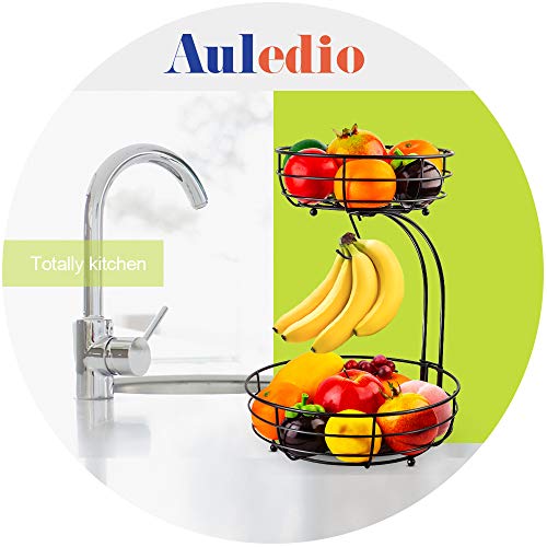 Auledio Iron 2-Tier Countertop Fruit Vegetables Basket Bowl Storage With Banana Hanger, Black, 64 ounces