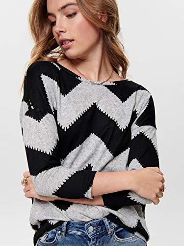 Only Printed 3/4 Sleeved Top Suéter, Multicolor (Light Grey Melange/Aop W/Black Zigzag), M Mujer