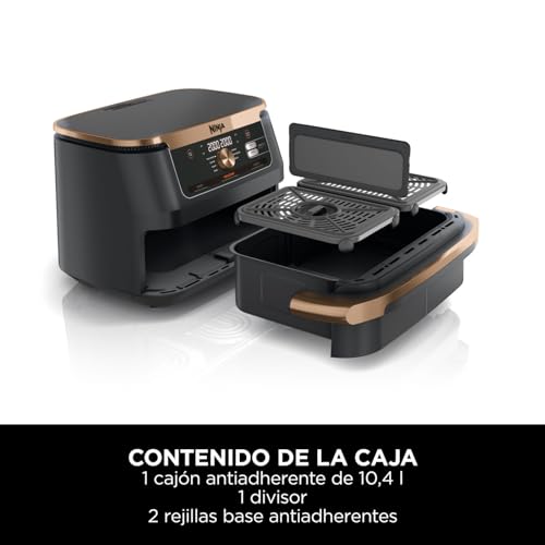 Ninja Foodi FlexDrawer Freidora de Aire Dual Zone, 10.4L, Air Fryer, 7 en 1, Freidora sin Aceite con 2 Cestas y Divisor Extraíble, Asa, Hornea, Frie, Pinzas Incluídas, Negro y Cobre, AF500EUCP