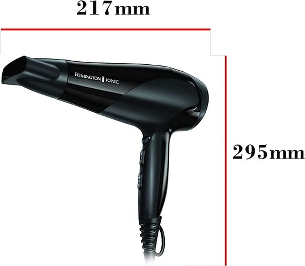 Remington Secador de Pelo Ionic Dry 2200, Iónico, Cabello Sin Encrespamiento, 2200 W, Concentrador y Difusor, 3 Temperaturas, 2 Velocidades, Rejilla Trasera Desmontable, Gancho Para Colgar, D3198