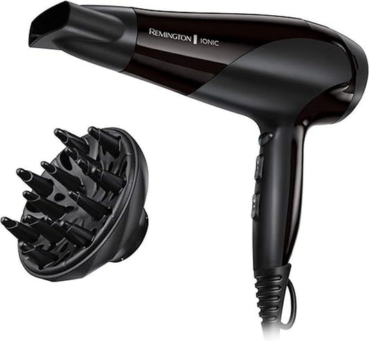 Remington Secador de Pelo Ionic Dry 2200, Iónico, Cabello Sin Encrespamiento, 2200 W, Concentrador y Difusor, 3 Temperaturas, 2 Velocidades, Rejilla Trasera Desmontable, Gancho Para Colgar, D3198