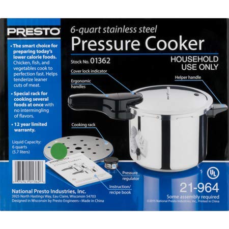 Presto 01362 6-Quart Stainless Steel Pressure Cooker Presto 6-Quart Stainless Steel Pressure Cooker, 6 QT, METALLIC