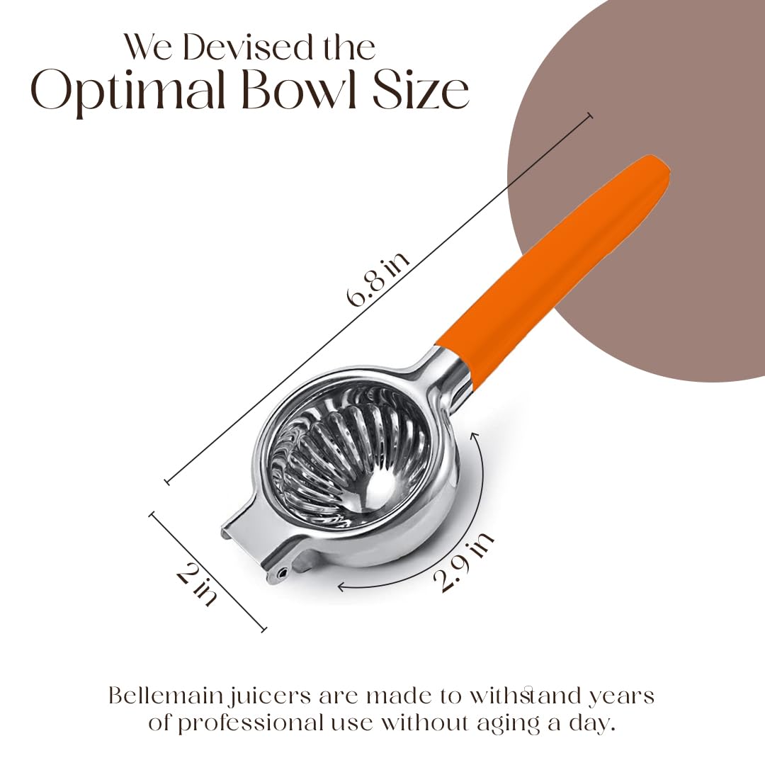 Bellemain Citrus Juicer | Metal Lemon Squeezer | Lime and Lemon Juicer Stainless Steel with Silicone Handles | Manual Juicer, Citrus Squeezer, Hand Held Juicer | Bar Juicer for Bartender (Orange)