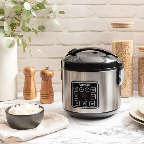 AROMA Digital Rice Cooker, 4-Cup (Uncooked) / 8-Cup (Cooked), Steamer, Grain Cooker, Multicooker, 2 Qt, Stainless Steel Exterior, ARC-914SBD