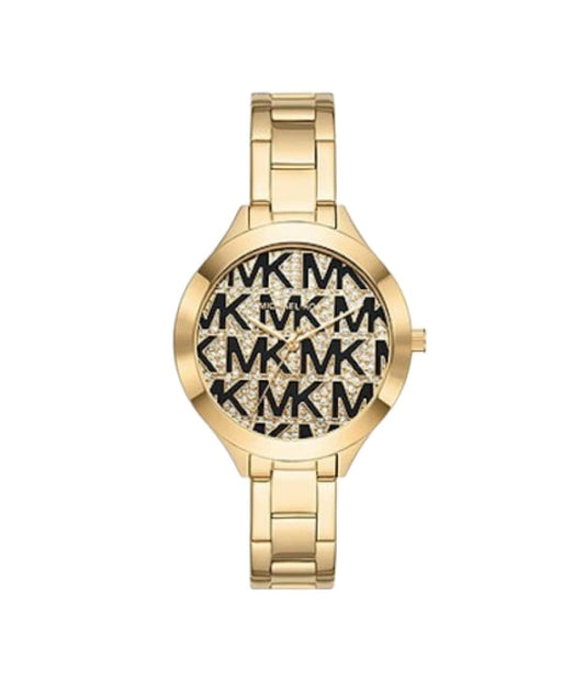 Michael Kors MK4659 Gold Tone Black Logo Accent 3 Hand Dial Stainless Steel Women's Watch