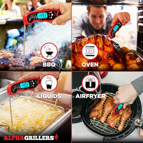 Alpha Grillers Instant Read Meat Thermometer for Cooking Grill and BBQ Griddle - Waterproof w/Backlight & Calibration for Food, Oven, Air Fryer Accessories, Kitchen Essentials, Stocking Stuffer Gifts