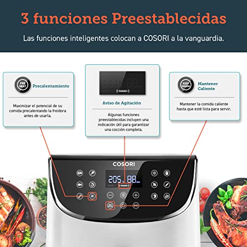 COSORI Freidora de Aire Duradera 5,5L Air Fryer 1700W, Tecnología Rapid Air, 55% Menos Energía, 13 Automáticos Modos,Uso Fácil, LED Panel Táctil, Acero Inox Interior, Hasta 205ºC y 60 Min, Blanca