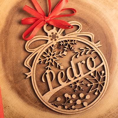 Bolas de Navidad Personalizada - Bolas de Navidad Personalizada con Nombre de Madera - Decoración navideña - Esfera grabada en Madera de máxima Calidad con Cuerda incluida. (Lazo)