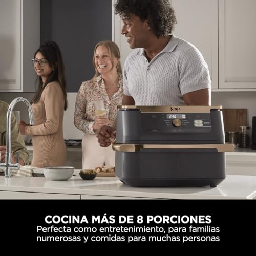 Ninja Foodi FlexDrawer Freidora de Aire Dual Zone, 10.4L, Air Fryer, 7 en 1, Freidora sin Aceite con 2 Cestas y Divisor Extraíble, Asa, Hornea, Frie, Pinzas Incluídas, Negro y Cobre, AF500EUCP