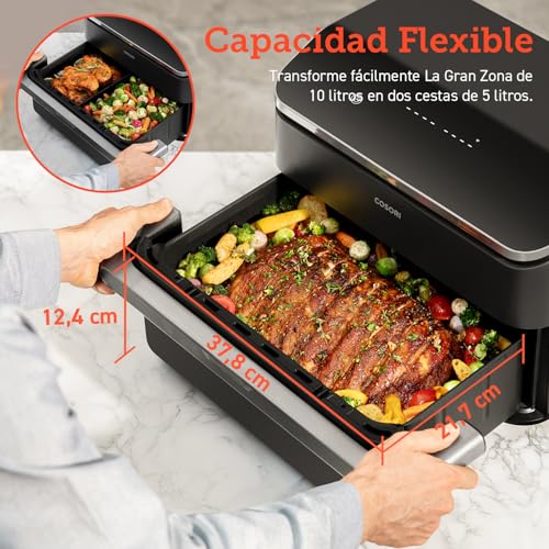 COSORI Freidora de Aire Dual Blaze TwinFry 10L, Air Fryer con 4 Resistencias de Doble Cesta a Una, 35-240ºC, Asar, Hornear y Deshidratar, 6 en 1, 70+ Recetas de Chefs y Pinzas, 8 Porciones, 2800W