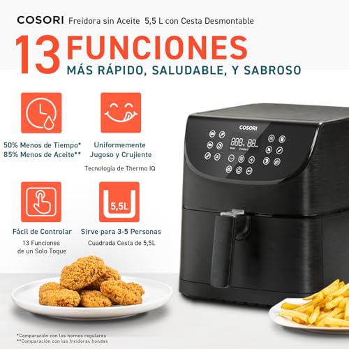 COSORI Freidora de Aire Duradera 5.5 L Air Fryer 1700W, Tecnología Rapid Air, 55% Menos Energía, 13 Automáticos Modos, Uso Sencillo, Panel Táctil Intuitivo, Acero Inox Interior, Hasta 205 °C y 60 Min