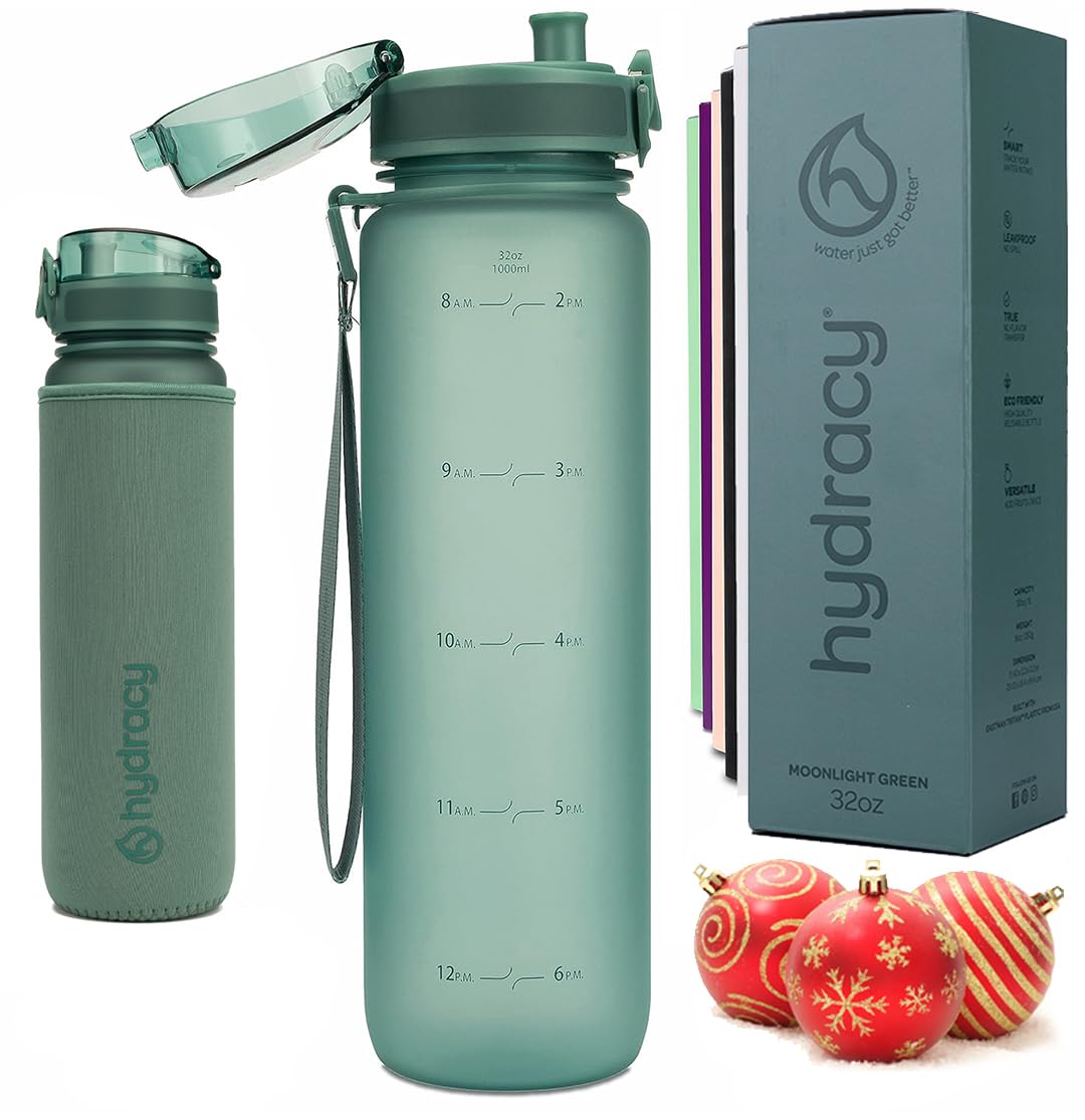 Hydracy Botella de Agua con Marcador de Tiempo - 1 L Botella de Agua Deportiva sin BPA - Botella de Gimnasio Antifugas con Funda Antitranspirante e Colador de Infusión