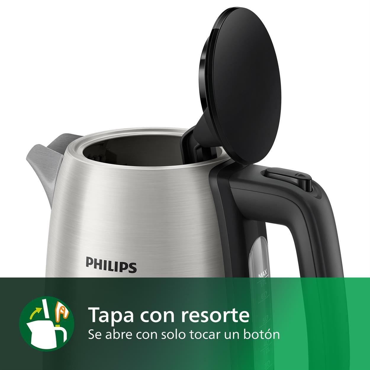 Philips Hervidor de Agua - 1.7L, Tapa con Resorte, Indicador Luminoso, Acero Inox, Base con Giro (HD9350/90)