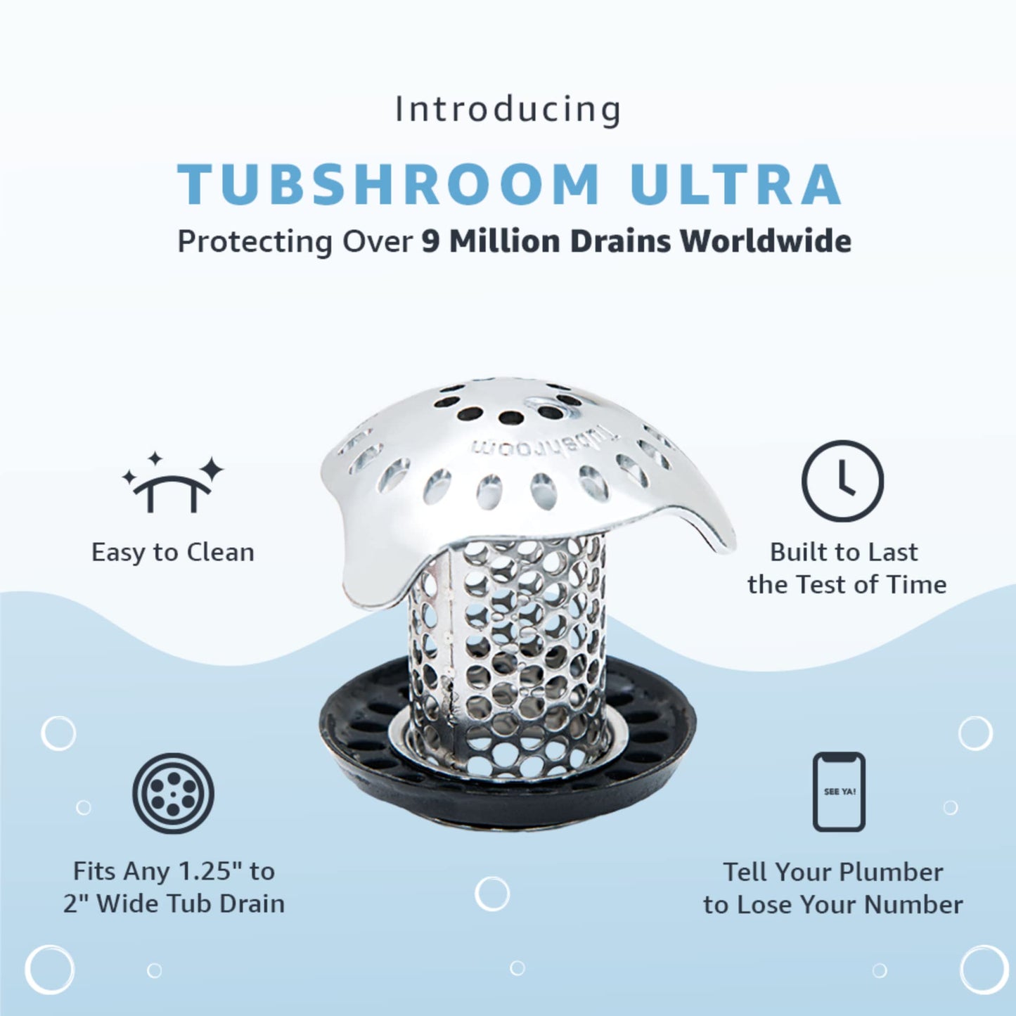 TubShroom Ultra Revolutionary Bath Tub Drain Protector Hair Catcher/Strainer/Snare Stainless Steel, 1-Pack, Silver