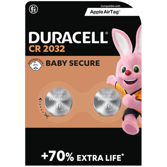 DURACELL CR2032 Pilas de botón de litio 3 V (pack de 2) - Hasta un 70 % extra duración - Tecnología Baby Secure - Recomendadas para Apple AirTag