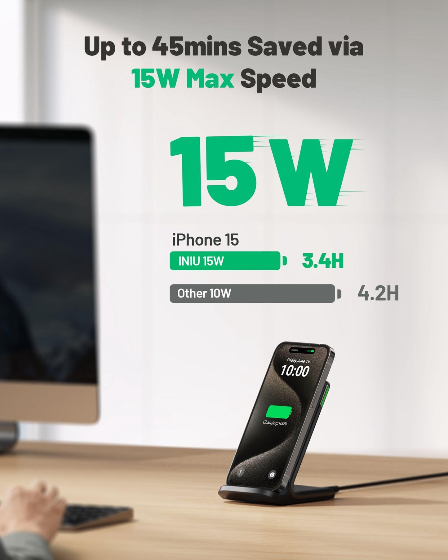 INIU Cargador Inalámbrico Rápido Stand, 15W Certificación Qi Wireless Charger Estación Phone Fast Charge Holder para iPhone 16 15 14 13 12 11 Pro MAX Plus Samsung Galaxy Google Pixel Xiaomi etc