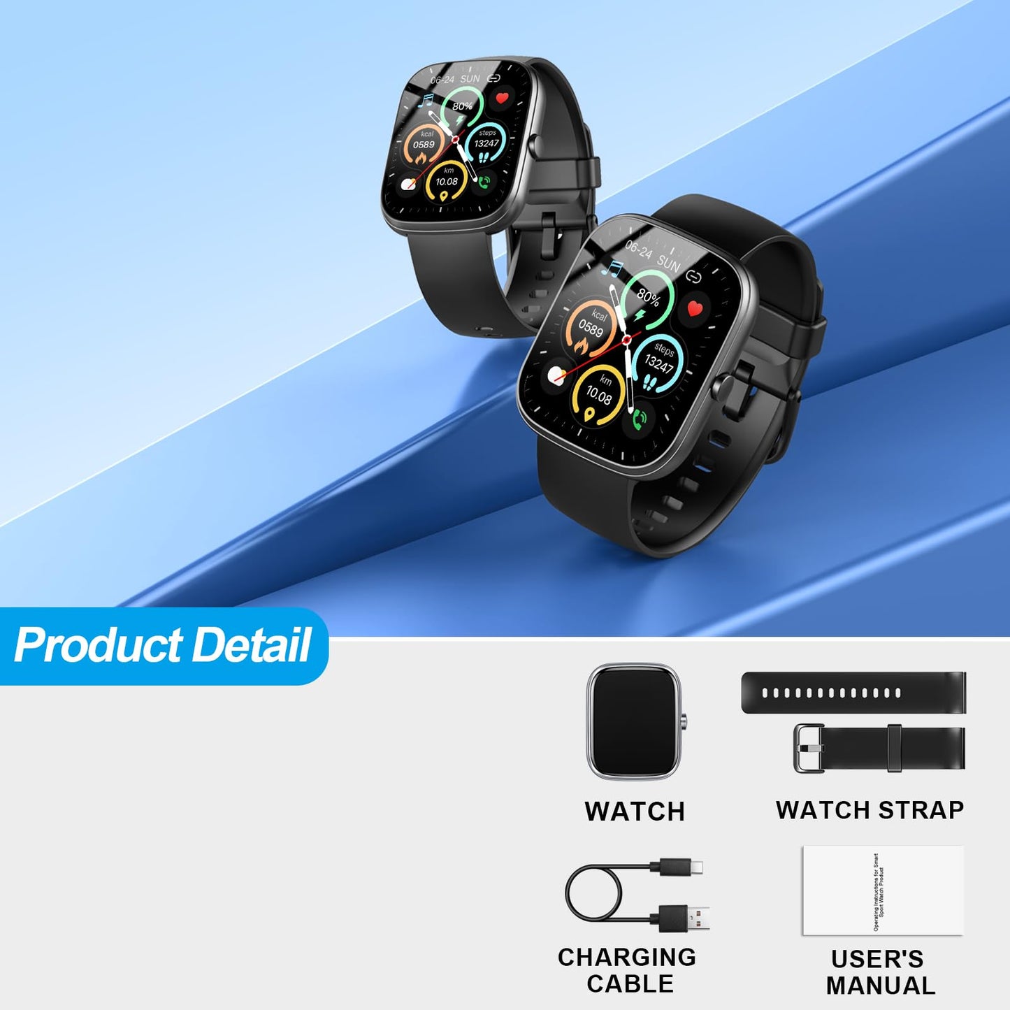 Reloj Inteligente Hombre Mujer, 1.91" HD Smartwatch con Llamadas Bluetooth, Podómetro/Pulsómetro/SpO2/Monitor de Sueño, IP68 Pulsera Actividad con 100+ Modos Deportivos, Smart Watch para Android iOS