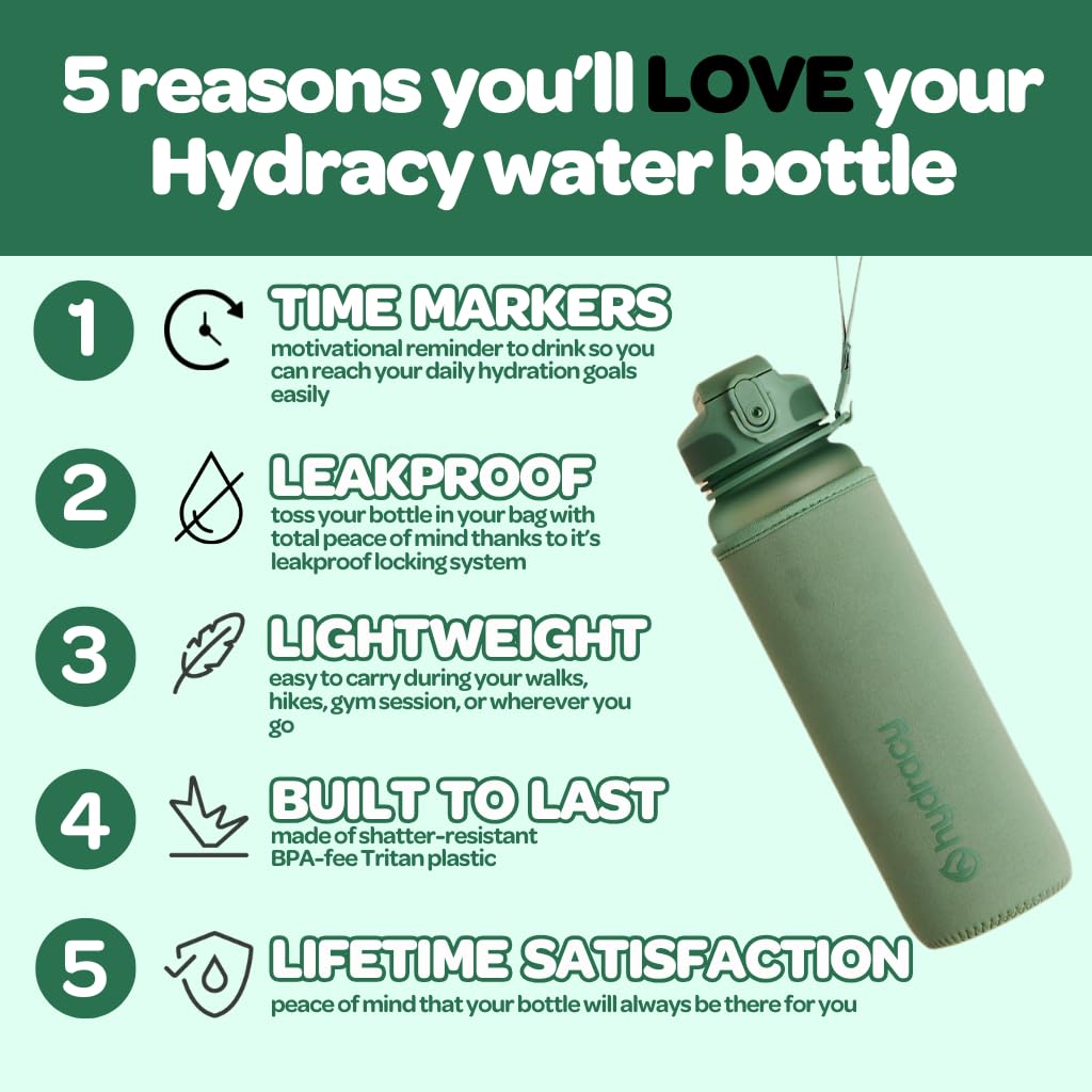 Hydracy Botella de Agua con Marcador de Tiempo - 1 L Botella de Agua Deportiva sin BPA - Botella de Gimnasio Antifugas con Funda Antitranspirante e Colador de Infusión