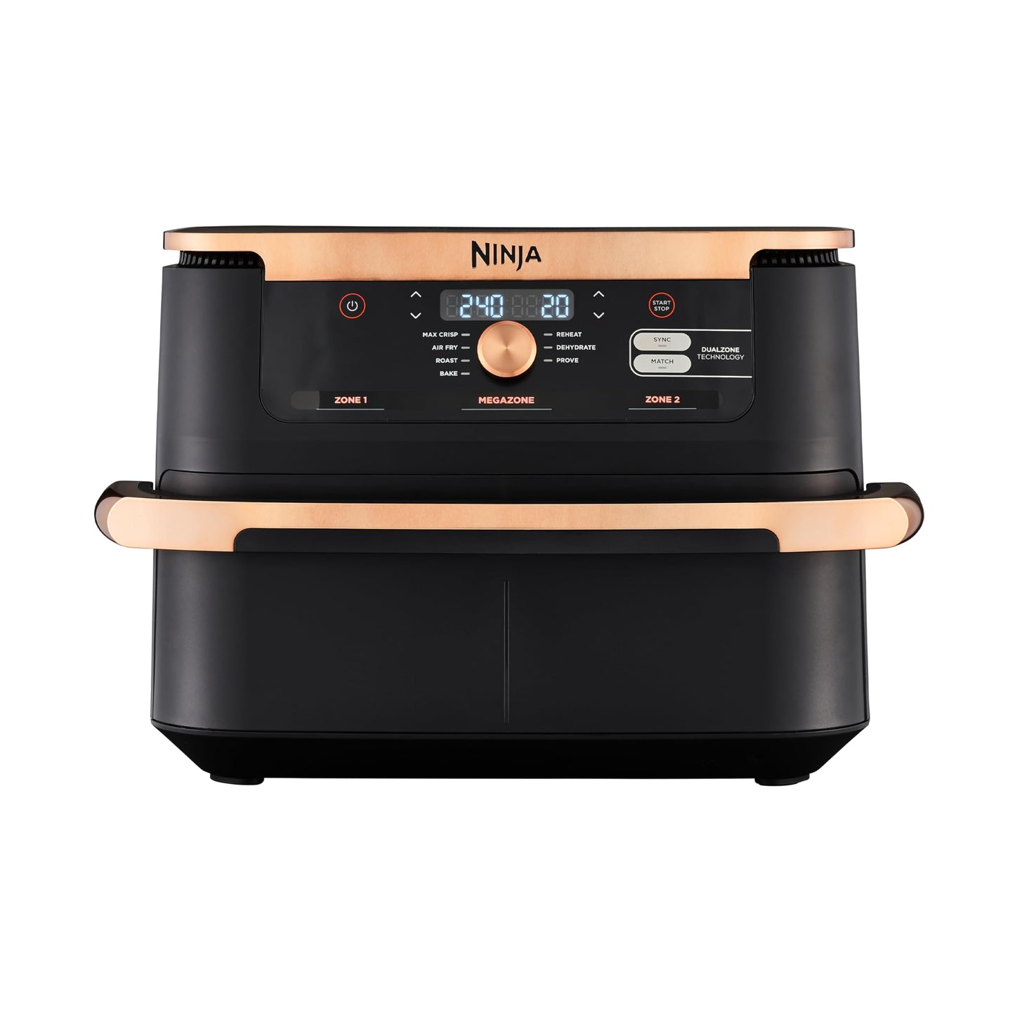 Ninja Foodi FlexDrawer Freidora de Aire Dual Zone, 10.4L, Air Fryer, 7 en 1, Freidora sin Aceite con 2 Cestas y Divisor Extraíble, Asa, Hornea, Frie, Pinzas Incluídas, Negro y Cobre, AF500EUCP