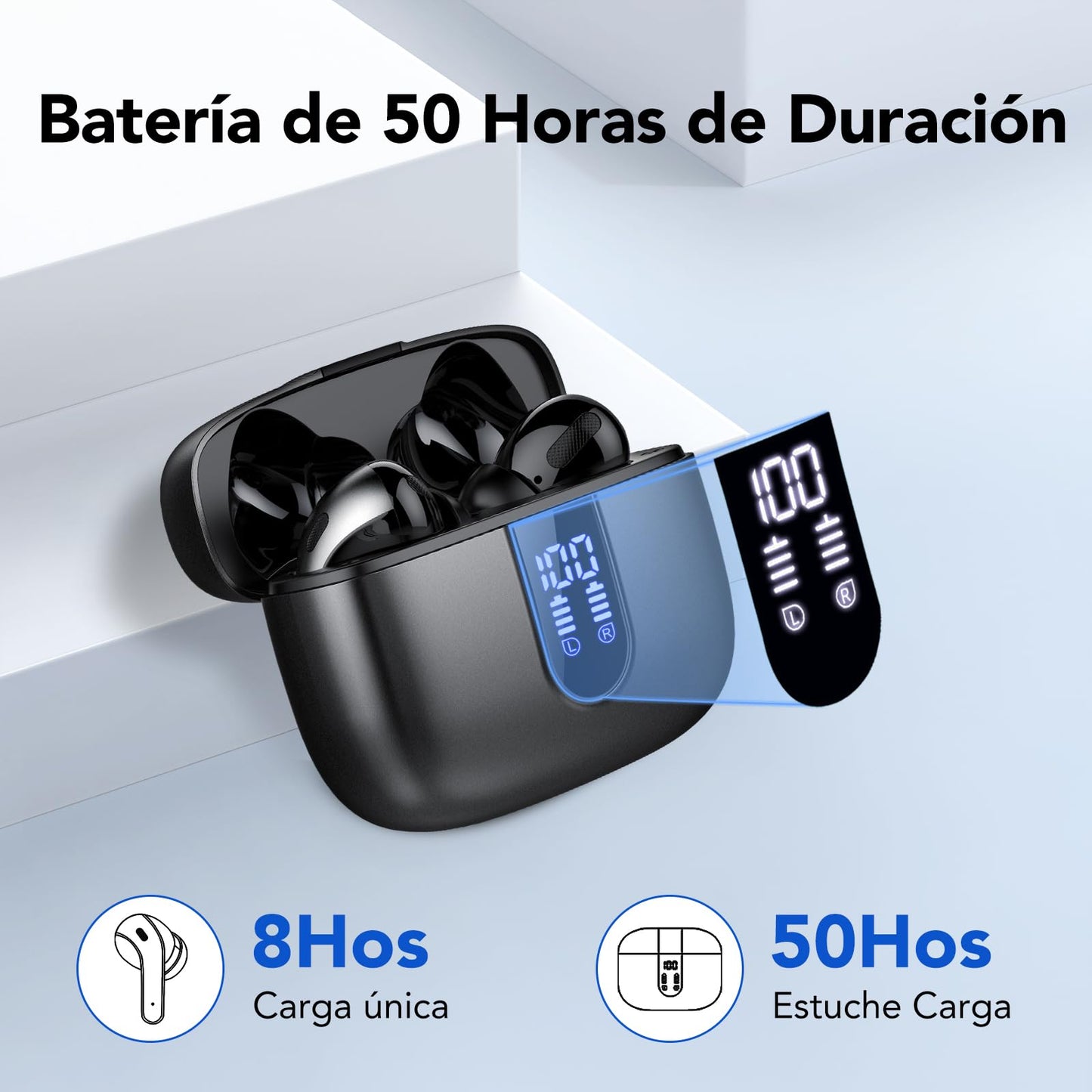 Auriculares Inalámbricos Bluetooth, Auriculares Bluetooth 5.3, 4 Mic con Reducción de Ruido ENC, 50H con Graves, Cascos Inalambricos Bluetooth IP7 Impermeable, Carga Rápida USB-C, Ajuste Cómodo