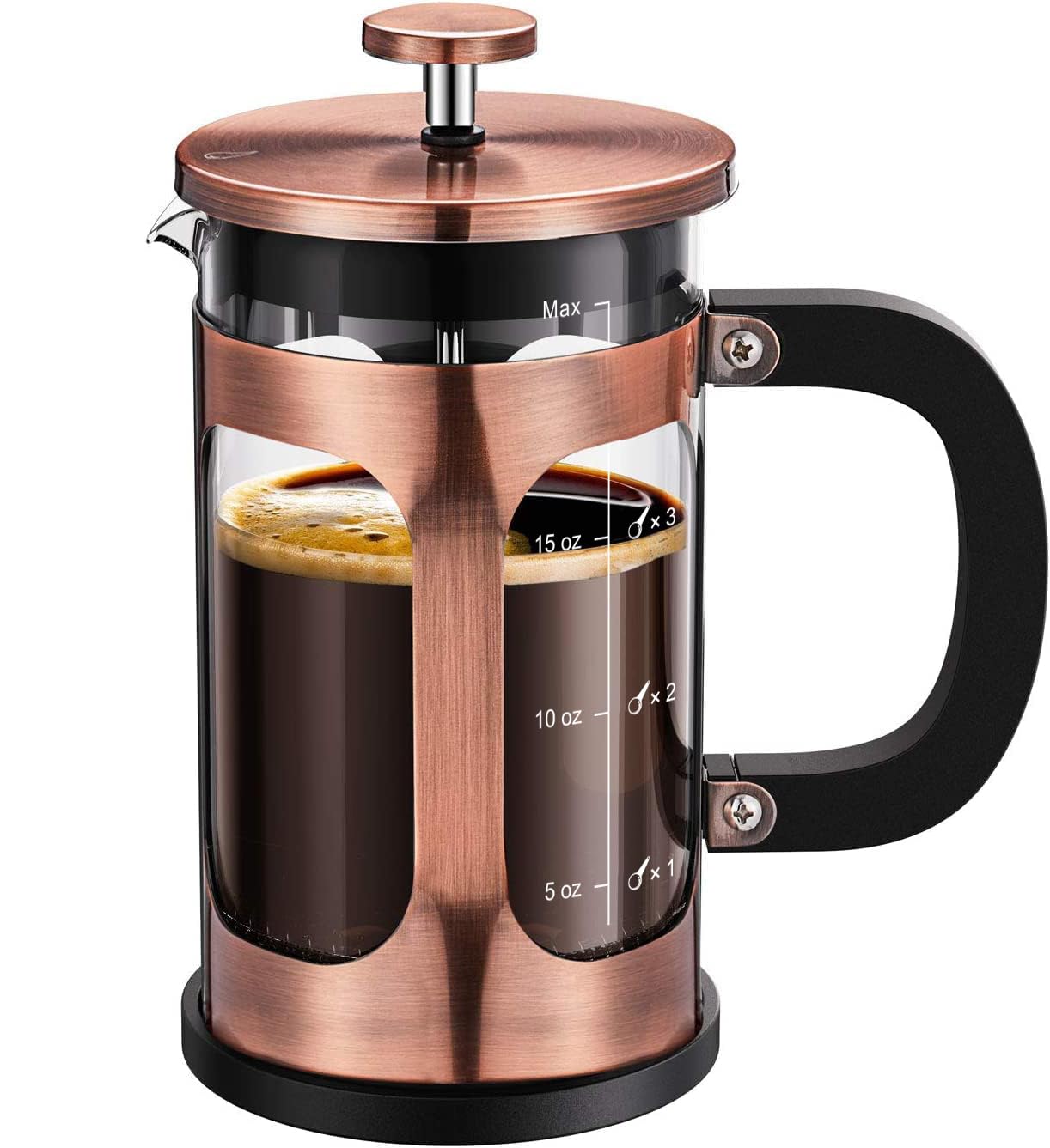 BAYKA 21 Ounce 0.6 Liter French Press Coffee Tea Maker Small, Heat Resistant Thickened Borosilicate Glass Stainless Steel Coffee Press Single Serve, Cold Brew Coffee Pot Tea Press, Copper