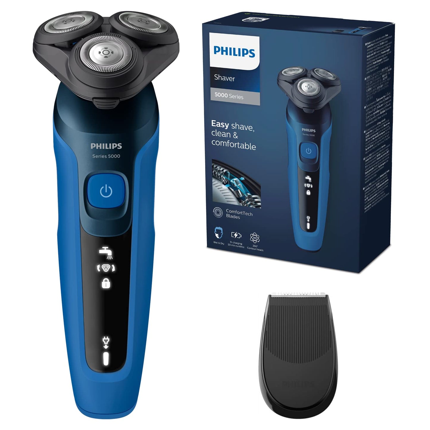 Philips Serie 5000 Afeitadora Eléctrica Hombre, Máquina de Afeitar Barba con recortadora, 27 cuchillas, Cabezal flexible 360º, 50min de uso, En Seco y Húmedo, Recargable, Funda, S5466/18, Azul Negro