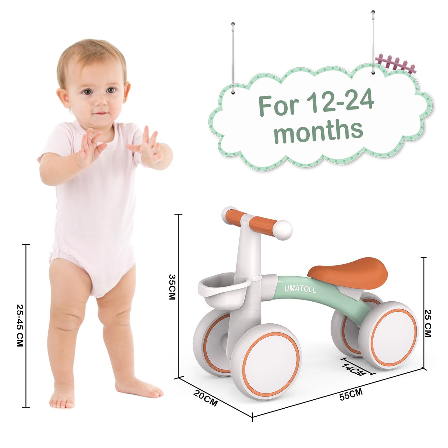 Umatoll Bicicleta sin Pedales para niños a Partir de 1 Año de Equilibrio, Juguetes Bebés de 12 a 24 Meses, Bici Bebe con Canasta, Pimera Bicicleta para Niños y Niñas como Regalo Cumpleaños(Verde)