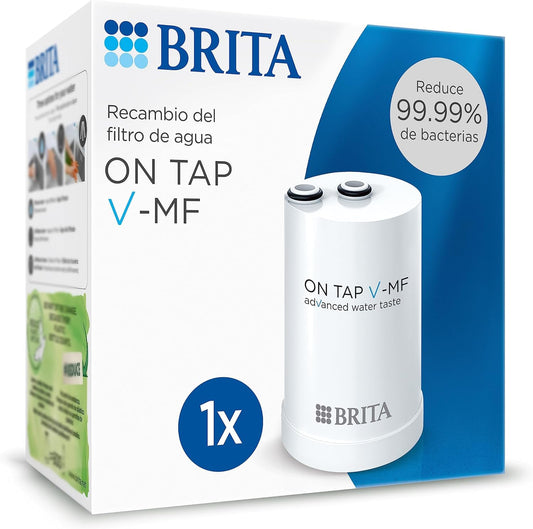 BRITA ON TAP V-MF 1x cartucho de filtro de agua (600L) - agua sostenible, libre de bacterias al 99,99%, sabor mejorado, reduce micropartículas finas, PFAS, metales y sustancias que afectan el sabor.