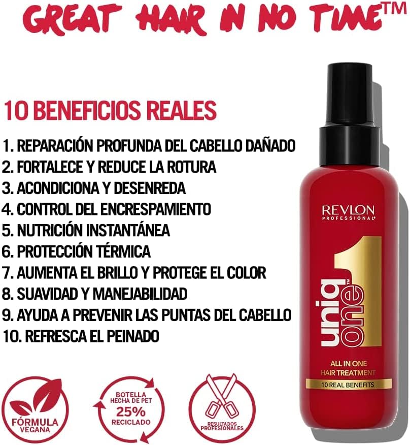 REVLON PROFESSIONAL UniqOne Protector Térmico Pelo, Tratamiento Hidratante para Cabello en Spray sin Aclarado, Fragancia Classic - 150 ml