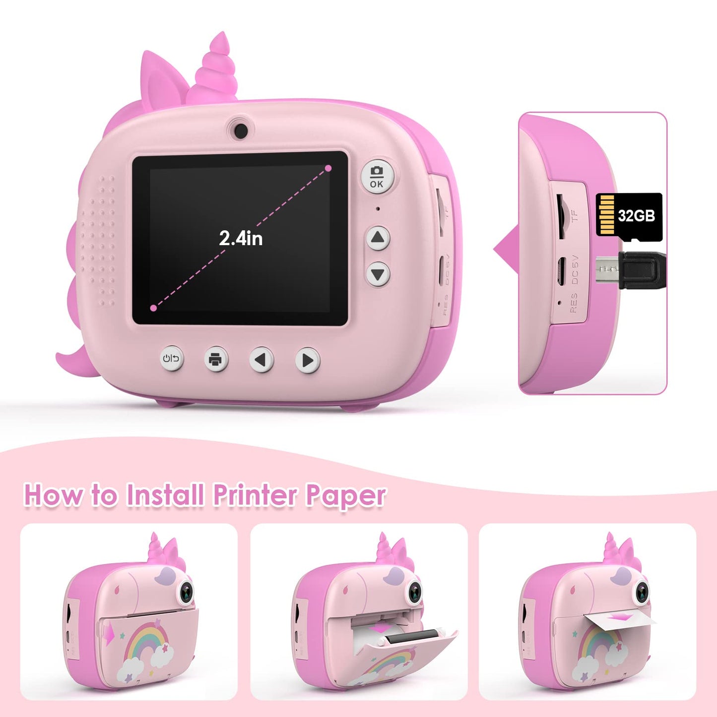 HiMont Cámara de Fotos Instantáneas para Niños con Papel de Impresión y Tarjeta SD de 32G,20MP, Cámara de Fotos para Niños con Bolígrafos de Colores, Regalo para Niños de 3 a 14 años (Rosa)