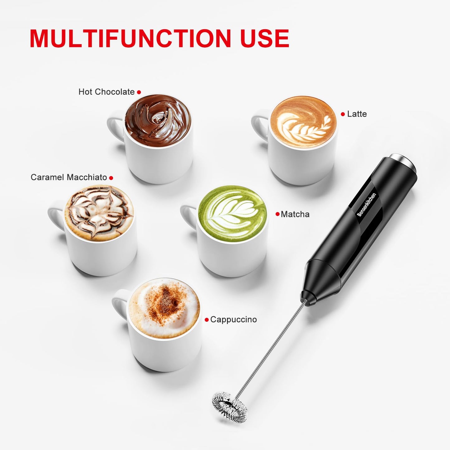 Bonsenkitchen Espumador de Leche, Espumador Leche Electrico con Batidor de Acero Inoxidable, Batidor de Leche Espuma Electrico para Café, Lattes, Capuchino, Matcha, Funciona con Pilas