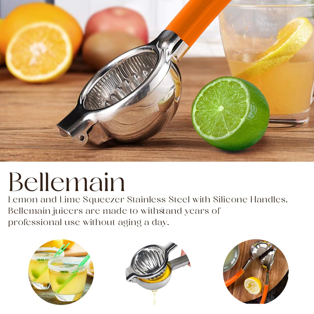 Bellemain Citrus Juicer | Metal Lemon Squeezer | Lime and Lemon Juicer Stainless Steel with Silicone Handles | Manual Juicer, Citrus Squeezer, Hand Held Juicer | Bar Juicer for Bartender (Orange)