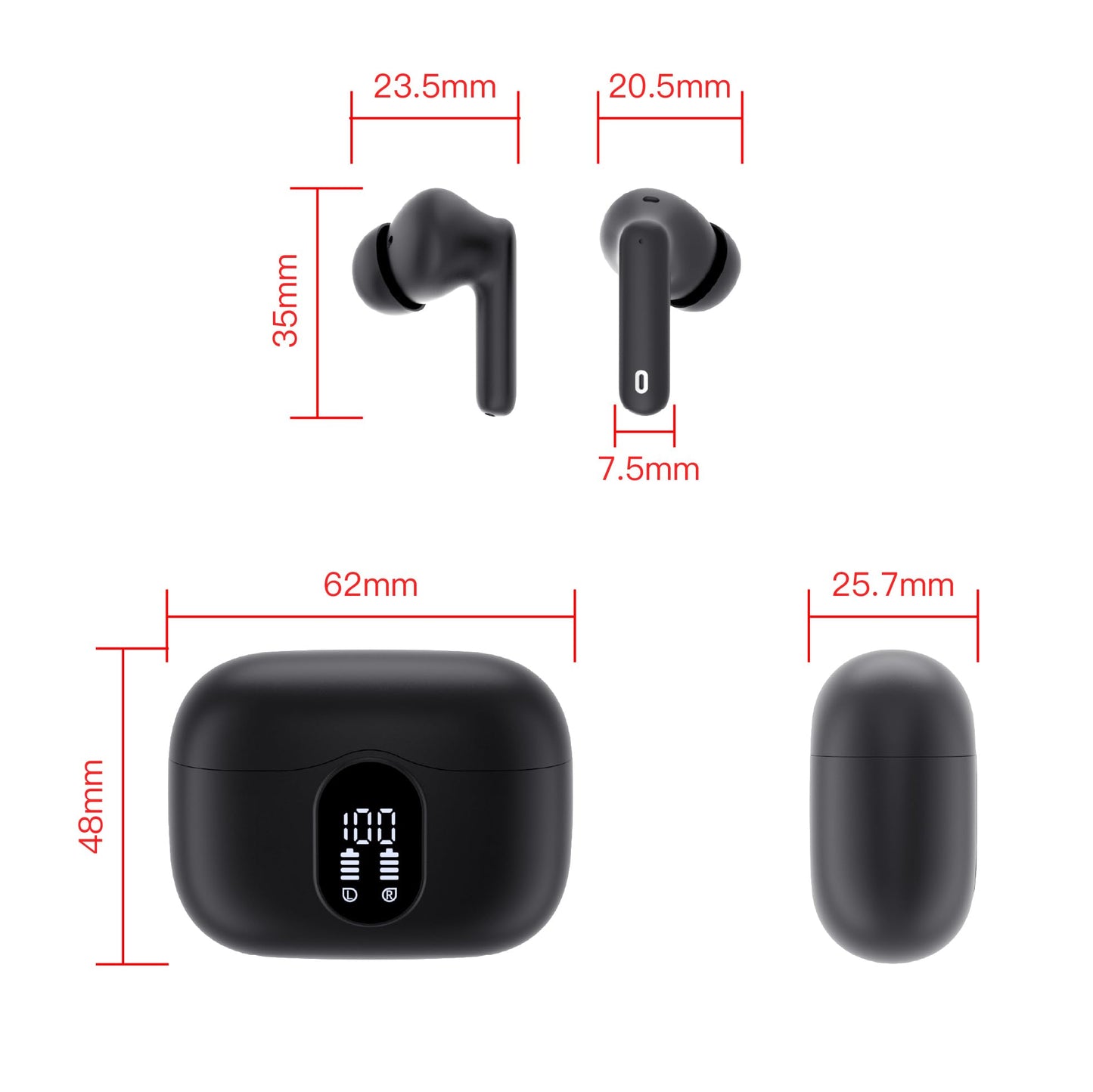 Auriculares Inalámbricos,Auriculares Bluetooth 5.3 con HD Micrófono HiFi Estéreo Pantalla LED,Reducción de Ruido Auriculares,13 mm Controlador dinámico,IP7 Impermeable 36H Cascos Inalambricos Negros