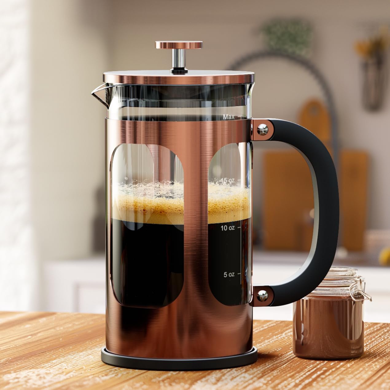 BAYKA 21 Ounce 0.6 Liter French Press Coffee Tea Maker Small, Heat Resistant Thickened Borosilicate Glass Stainless Steel Coffee Press Single Serve, Cold Brew Coffee Pot Tea Press, Copper