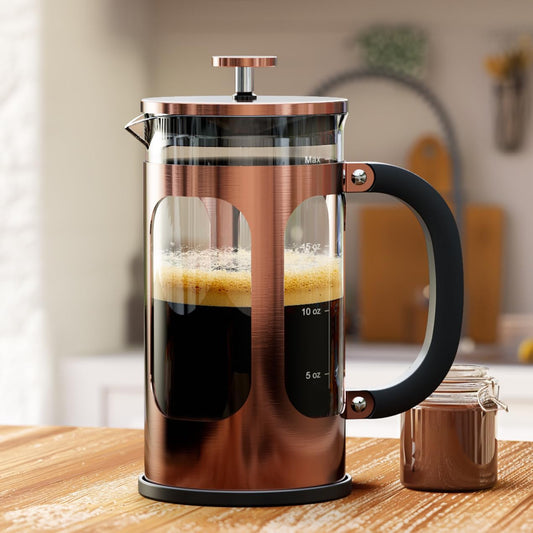 BAYKA 21 Ounce 0.6 Liter French Press Coffee Tea Maker Small, Heat Resistant Thickened Borosilicate Glass Stainless Steel Coffee Press Single Serve, Cold Brew Coffee Pot Tea Press, Copper