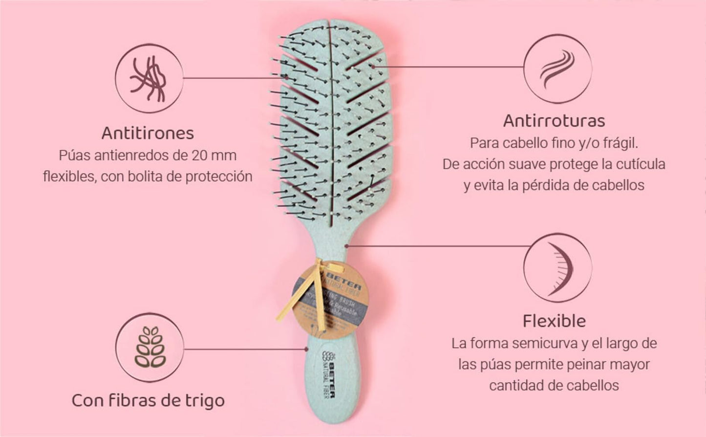 Beter - Cepillo de pelo esqueleto antitirones Natural Fiber hecho a base de fibras de trigo, Cepillo Desenredante Antienredos y Antirotura, Peinado suave y sin tirones, Para todo tipo de cabellos