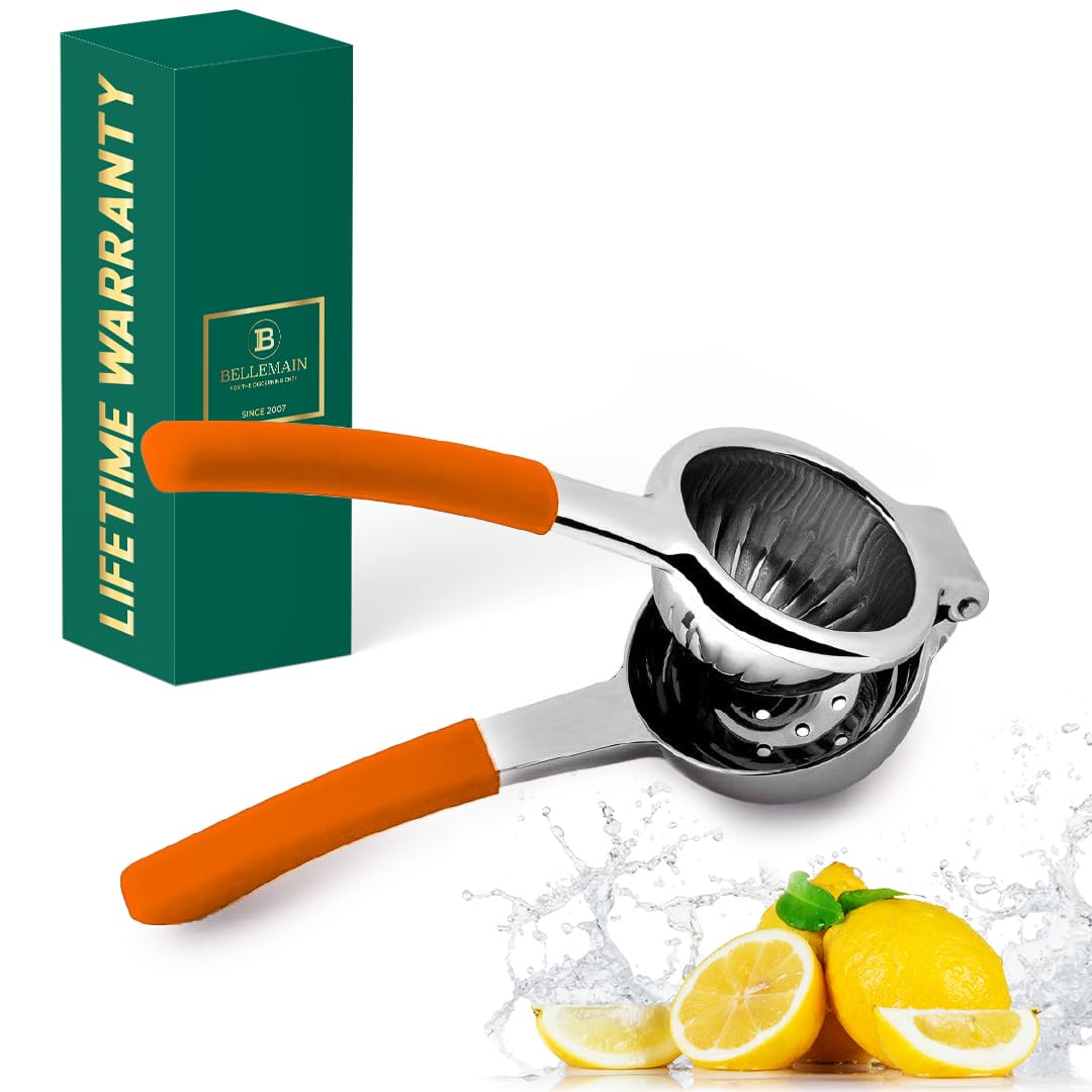 Bellemain Citrus Juicer | Metal Lemon Squeezer | Lime and Lemon Juicer Stainless Steel with Silicone Handles | Manual Juicer, Citrus Squeezer, Hand Held Juicer | Bar Juicer for Bartender (Orange)