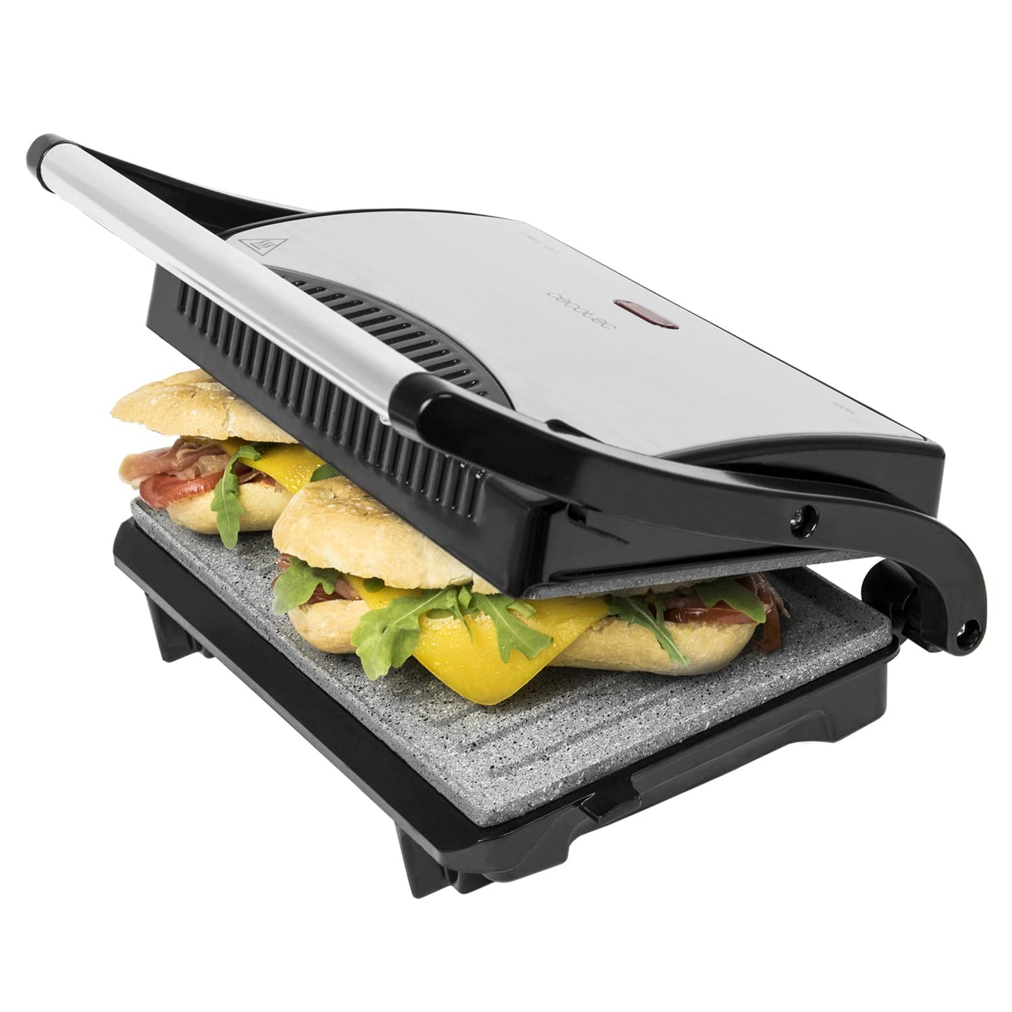 Cecotec Parrilla Eléctrica Rock?nGrill. 700 W, Revestimiento de Piedra RockStone, Máxima Antiadherencia y una Mejor Limpieza, Asa de Tacto Frío, Superficie 23 x 14.5 cm, Acero y Negro