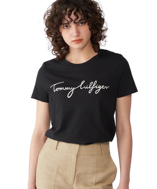 Tommy Hilfiger Mujer Camiseta Manga Corta Heritage Cuello Redondo, Negro (Masters Black), L