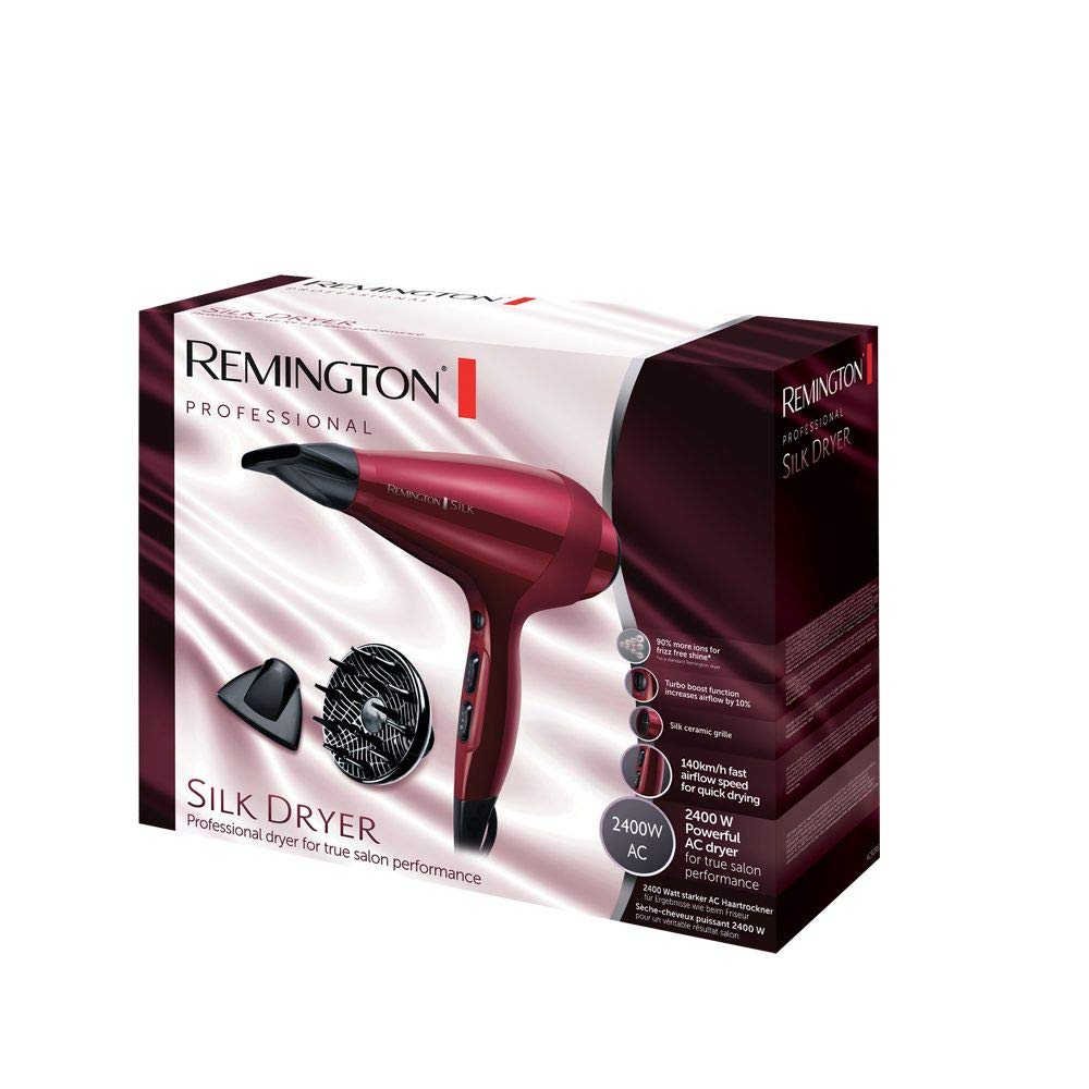 Remington Secador de Pelo Profesional Silk, Rejilla de Cerámica Sedosa, Iónico, Cabello Sin Encrespamiento, 2400 W, Motor AC, Difusor y Concentrador, 6 Temperaturas, 2 Velocidades, AC9096