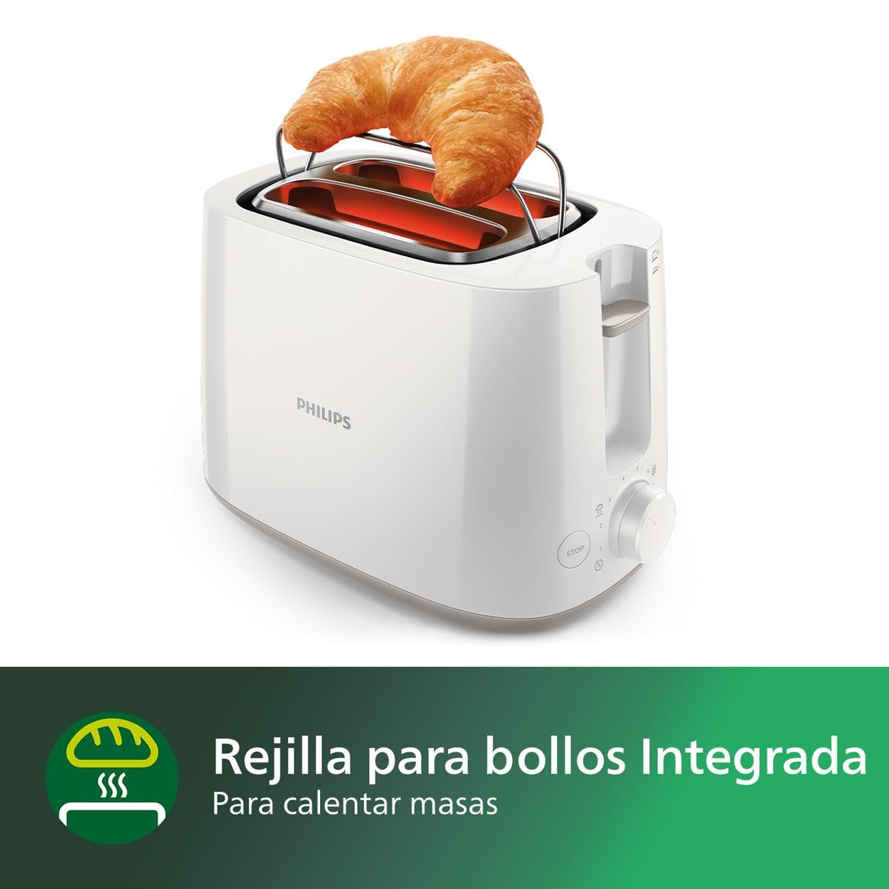 Philips Tostadora, 2 Ranuras, 8 Ajustes, Rejilla Calientabollos, Descongelación, Elevación Alta, Apagado Auto, Blanco, (HD2581/00)