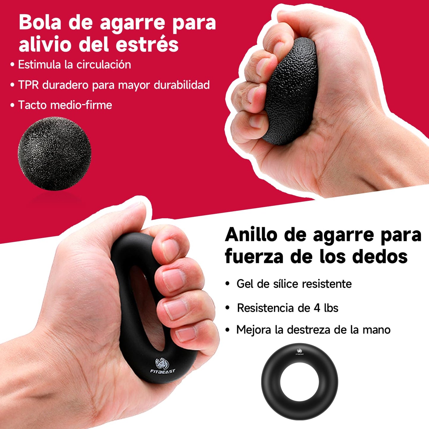 FitBeast Hand Grip para Antebrazo Ejercitar – Paquete de 5 Piezas, Fortalecedor de Agarre de Manos Ajustables, Ejercitador de Manos, Para Estirar Los Dedos, Anillo para Entrenar y Pelota Anti Estrés