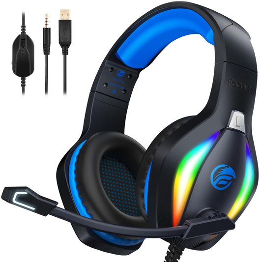 Fachixy 「2024 New」 FC100 Cascos Gaming para PS4/PS5/PC/Xbox One/Switch, Auriculares Gaming Cancelación de Ruido, Cascos con Microfono Estéreo Sonido, Cascos PS4 con 3.5mm Jack con Luz RGB (Azul)