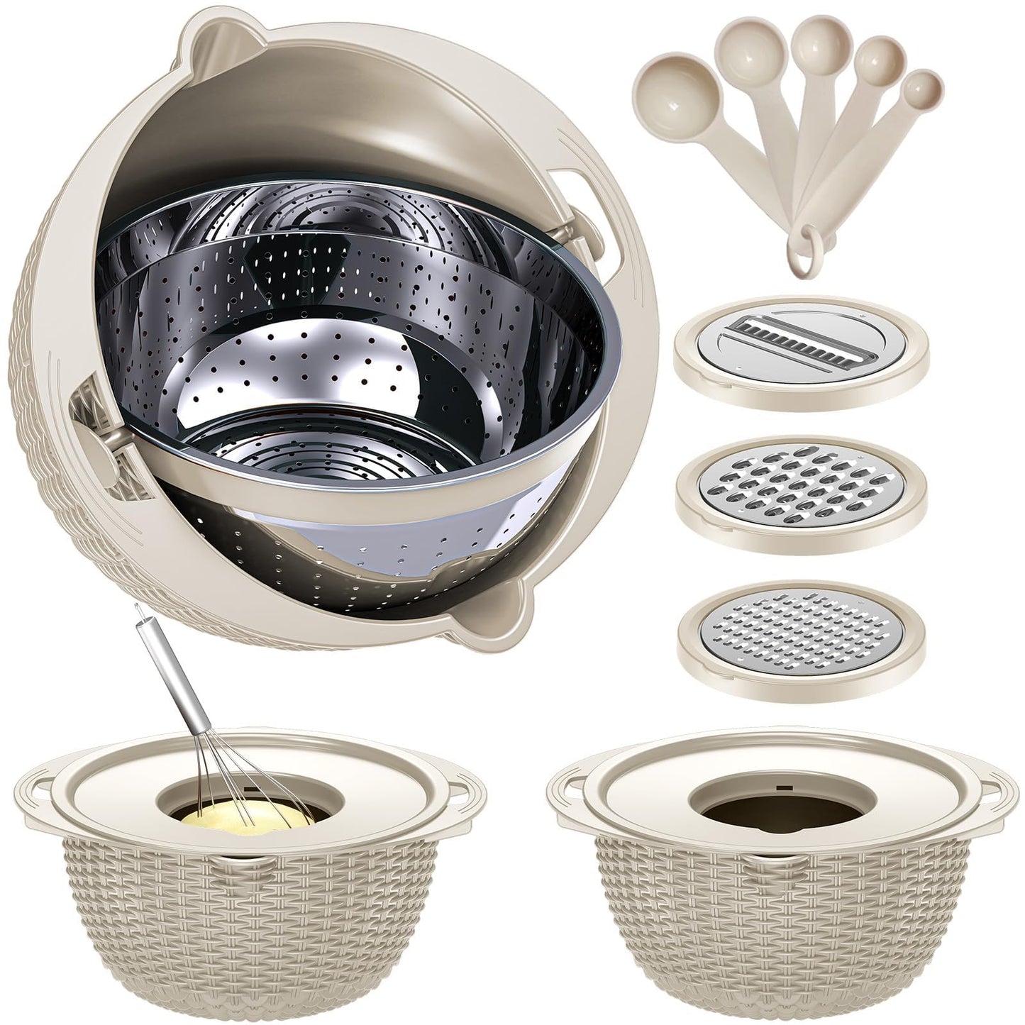 4-1 Colander with Bowl Set - Colander Bowl with Measuring Spoons - Fruit Strainer Bowl, Colanders & Food Strainers Stainless Steel, Rotatable Kitchen Colander Strainer Bowl - Beige