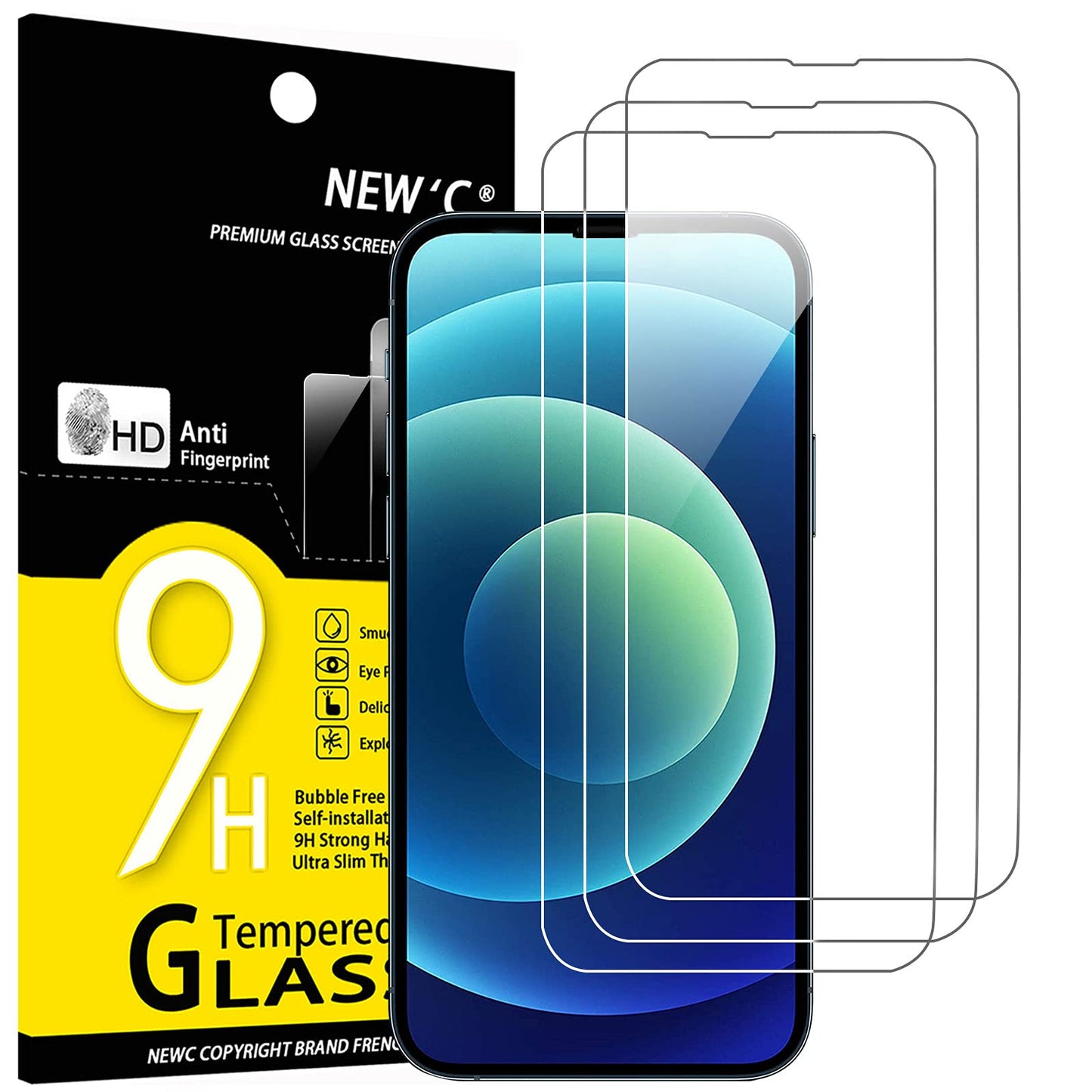 NEW'C 3 Piezas, Protector Pantalla para iPhone 14, iPhone 13, iPhone 13 Pro (6,1 Pulgadas), Cristal templado Antiarañazos, Antihuellas, Dureza 9H, 0.33 mm Ultra Transparente, Ultra Resistente