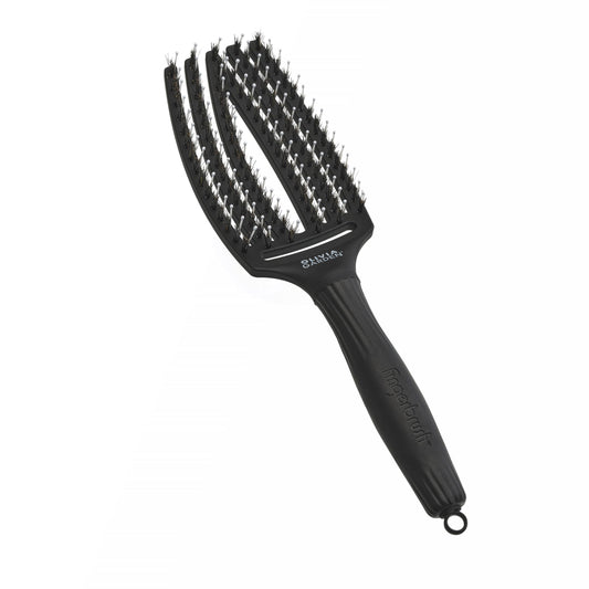 Olivia Garden Fingerbrush Care Iconic - Medium - Black - Detangling Hairbrush with Boar & Nylon Bristles for Ultimate Shine & Smooth Styling