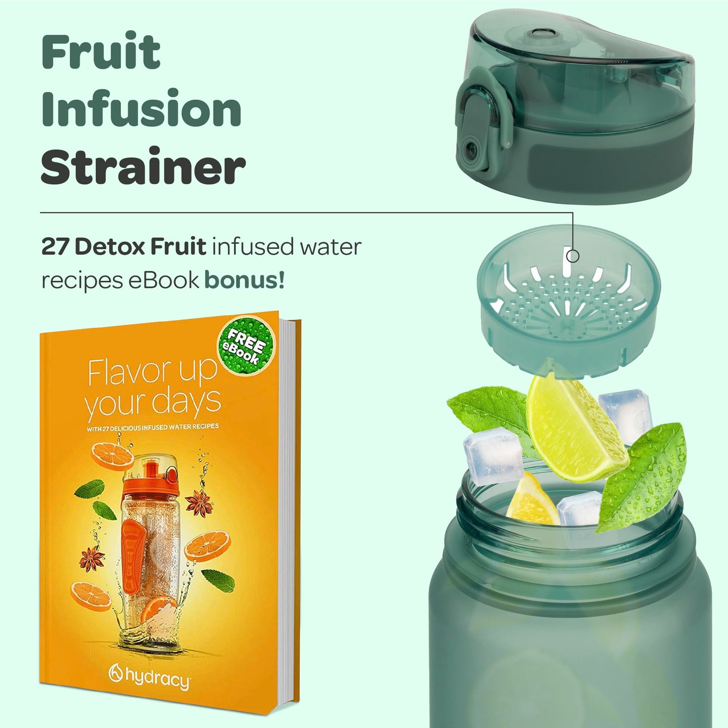 Hydracy Botella de Agua con Marcador de Tiempo - 1 L Botella de Agua Deportiva sin BPA - Botella de Gimnasio Antifugas con Funda Antitranspirante e Colador de Infusión