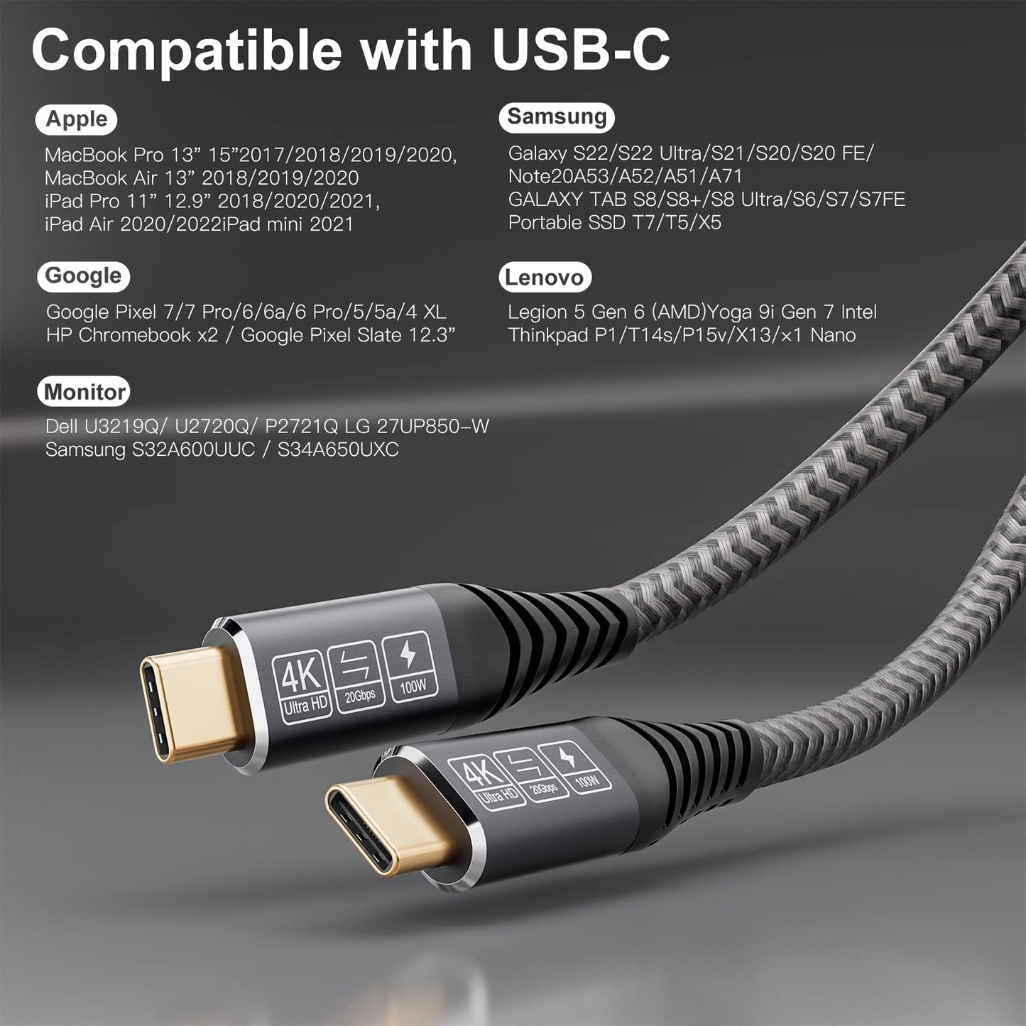 CAKOBLE Cable USB 3.2 Gen2 Tipo C × 2, 20 Gbps, 100W 20V/5A Cable de Carga Rapida, 1M, 4K @ 60Hz de Transmisión Para Ordenadores Portátiles, Teléfonos Móviles, Dispositivos USB C